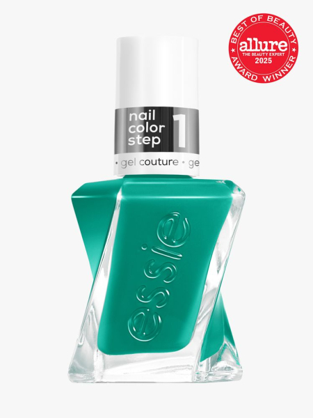 gel by essie twisted bottle of kelly green nail polish with white cap on light gray background with red Allure Best of Beauty seal in the top right corner